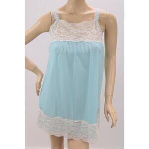 Vintage NWT Avian Nightie S Nightgown Double Nylon Blue Chiffon Lace Trim Flawed